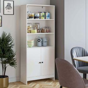 White bookshelf with door; 5 tiers high standard bookcase with storage cabinet for living room