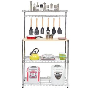 Large Kitchen Metal Baker's Rack with Wood Cutting Board; Kitchen Storage Shelf Rack with Hooks; 4 Tier Kitchen Storage Microwave Rack; Silver Metal S