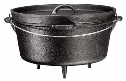 3 Legged Pre-Seasoned Cast Iron Camping Flanged lid Deep Dutch Oven; 6 Quart w/ Metal Bail Handle