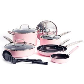 12-Piece Toxin-Free Ceramic Nonstick Pots and Pans Cookware Set; Dishwasher Safe (Color: pink, Material: Aluminum)